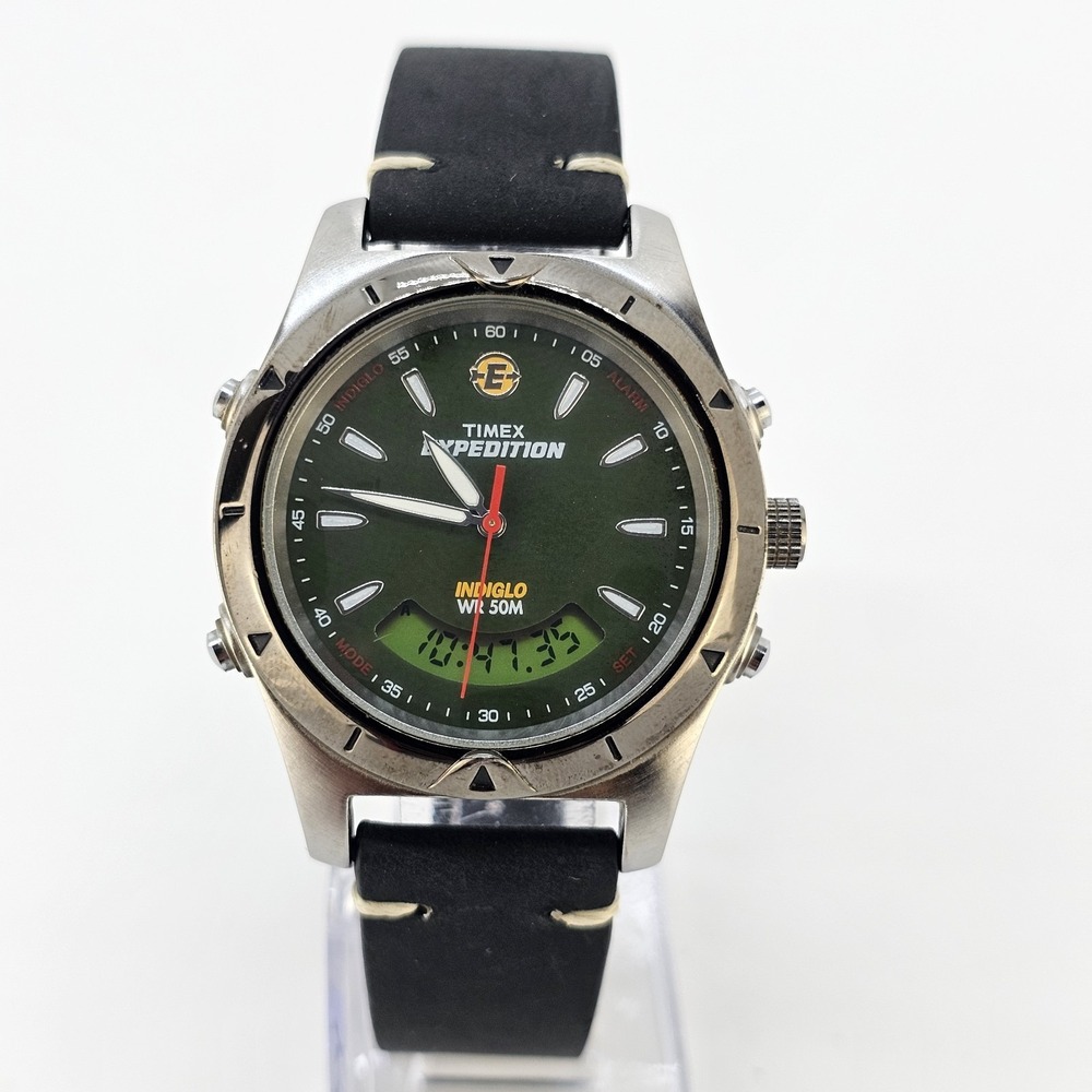Timex Expedition Ana Dig Men Watch 38MM Green Dial NEW Black Bands New Battery